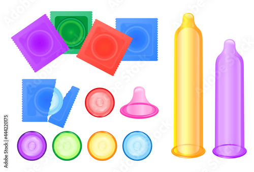 set of realistic condoms latex isolated or male contraception for safety and healthy sex or men condoms wrapped protection concept. eps vector