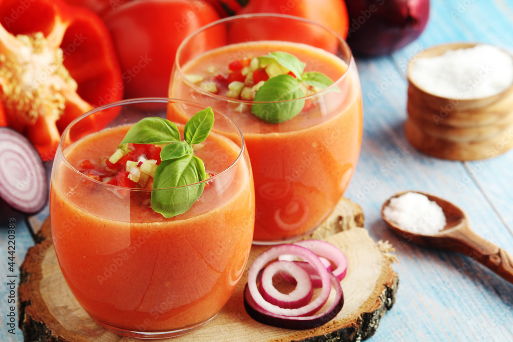 Cold Spanish soup Gazpacho served in glasses Cold Spanish soup Gazpacho served in glasses
