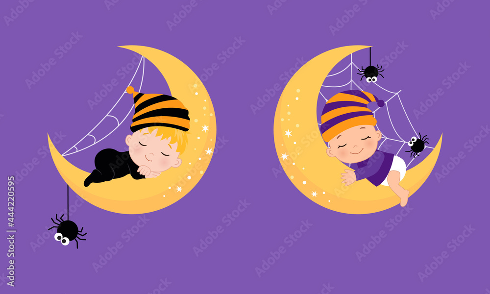 Cute baby sleeping on the moon in Halloween theme. Flat vector cartoon design Cute baby sleeping on the moon in Halloween theme. Flat vector cartoon design