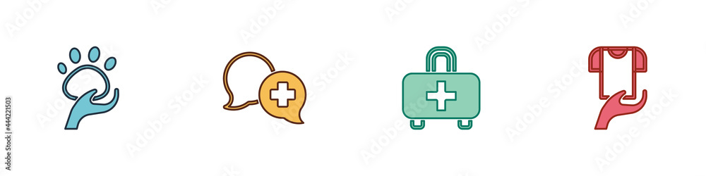 Obraz premium Set Animal volunteer, Dialogue with doctor, First aid kit and Clothes donation icon. Vector