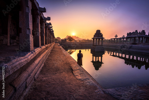 View of sunrise at Pushkarni, Sri Krishna tank in ruins. Hampi, karnataka, India.