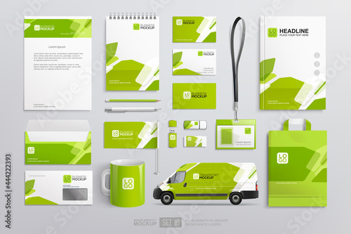 Stationery Brand Identity Mockup set with green and white abstract geometric design. Business stationary mockup template of Guide, magazine cover, van, brochure, bag, corporate mug