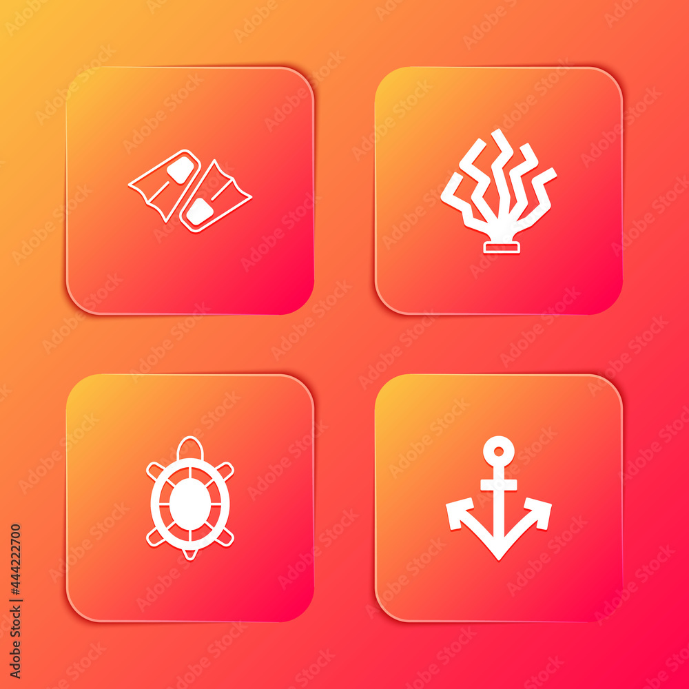 Set Flippers for swimming, Coral, Turtle and Anchor icon. Vector Set Flippers for swimming, Coral, Turtle and Anchor icon. Vector