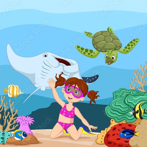 Cartoon little girl diving in underwater tropical sea