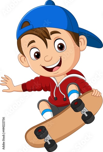 Cartoon happy little boy skateboarding