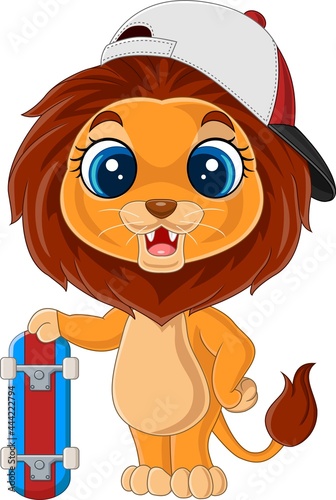 Cartoon little lion holding a skateboard