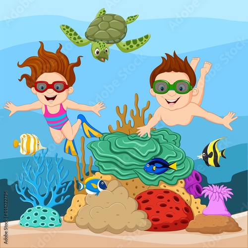 Cartoon little kids diving undersea