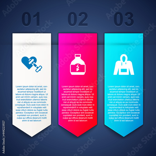 Set Dumbbell with heart, Sports nutrition and Hoodie. Business infographic template. Vector