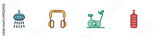 Set Shower, Headphones, Stationary bicycle and Punching bag icon. Vector