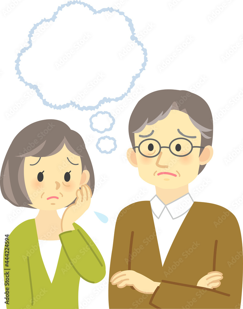 イラスト素材 老夫婦が向かい合って不安な表情で悩む場面 腕組みしたおじいさんとコピースペース Stock Vector Adobe Stock