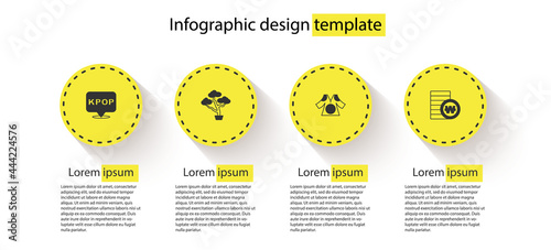 Set K-pop, Bonsai tree, Kimono and South Korean won coin. Business infographic template. Vector