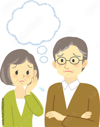 イラスト素材:老夫婦が向かい合って不安な表情で悩む場面　 腕組みしたおじいさんとコピースペース  © kuroshimaharu