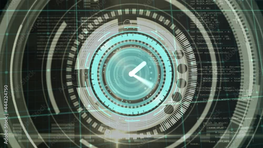 Animation of clock and circular scope scanning over data processing, on grid