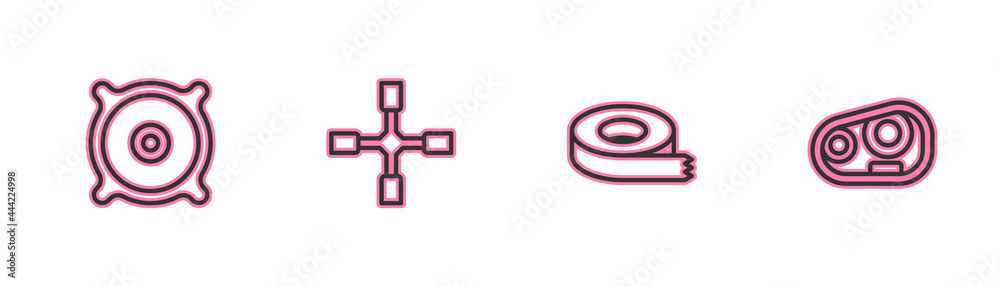 Set line Car audio speaker, Scotch tape, Wheel wrench and headlight icon. Vector Set line Car audio speaker, Scotch tape, Wheel wrench and headlight icon. Vector