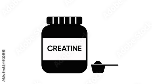 Vector Isolated Illustration of a Creatine Bottle and a Scoop. Black and White Creatine Bottle Icon.