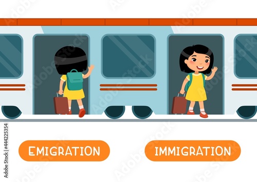 Emigration and immigration antonyms word, opposites concept. Flashcard for English language learning. Little Asian girl with a suitcase enters the train, the child gets out of the car
