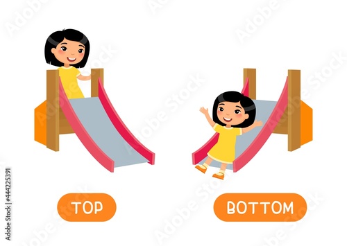 TOP and BOTTOM antonyms word card, Opposites concept. Flashcard for English language learning. Little Asian girl goes up the slide in the playground, the child goes down the slide photo