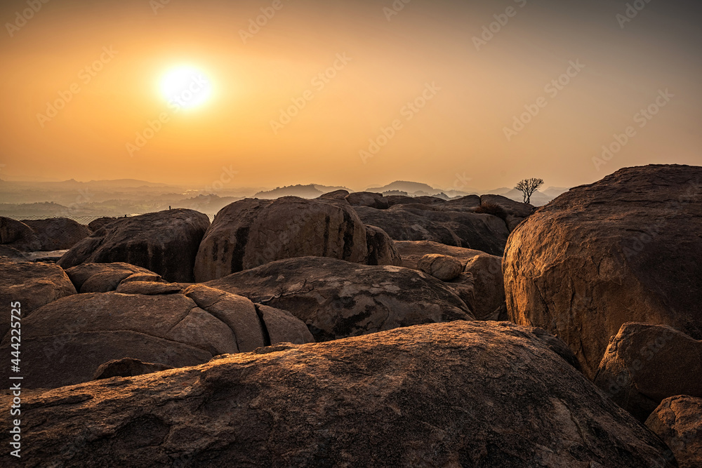 View of Kishkinda, Anjanadri Hill, (Monkey Temple) Anjaneya Parvat, Hampi, Karnataka, India.