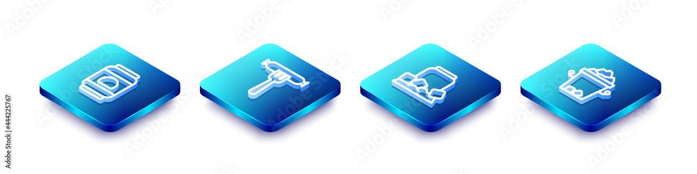 Set Isometric line Beer can, Sausage on the fork, Cold beer and Ice bucket icon. Vector Set Isometric line Beer can, Sausage on the fork, Cold beer and Ice bucket icon. Vector