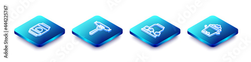 Set Isometric line Beer can, Sausage on the fork, Cold beer and Ice bucket icon. Vector