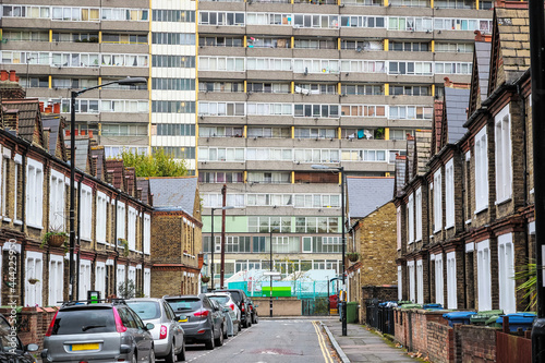 Photography Traditional English terraced houses with huge council block Taplow House of the