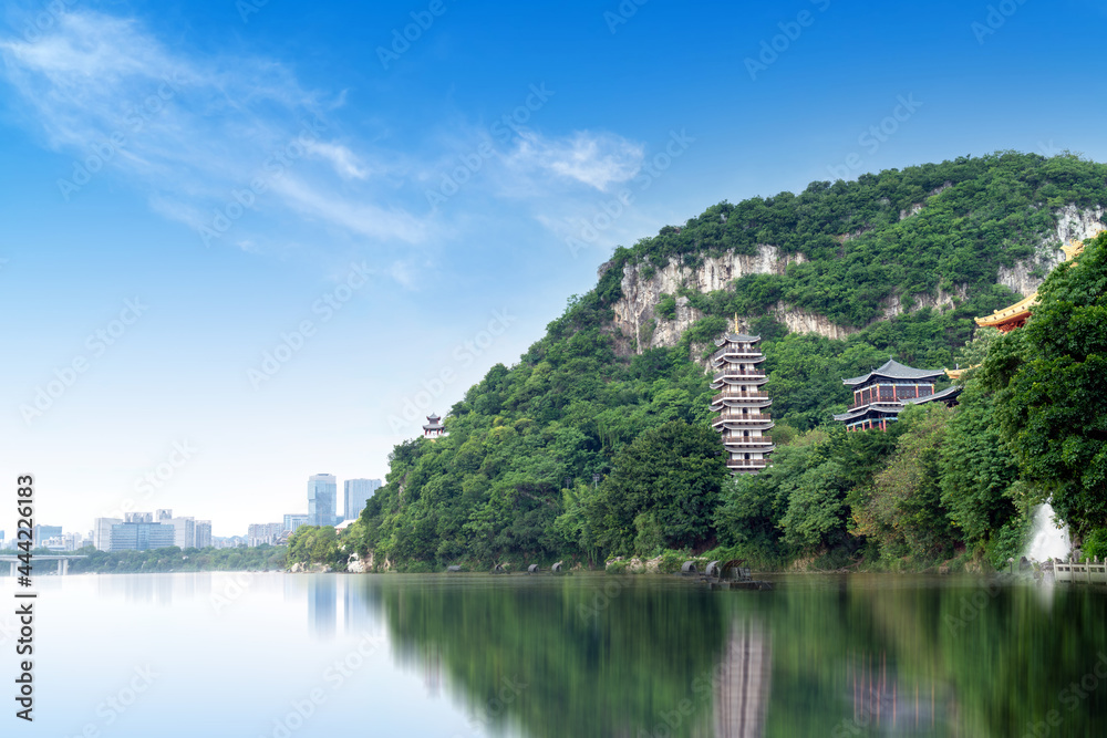The scenery on both sides of the Liujiang River, the urban landscape of Liuzhou, Guangxi, China.