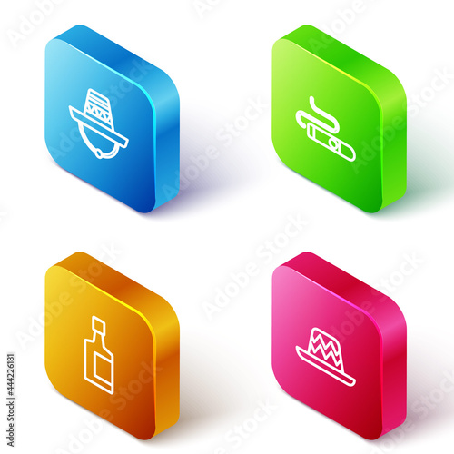 Set Isometric line Mexican sombrero, Cigar, Tequila bottle and icon. Vector
