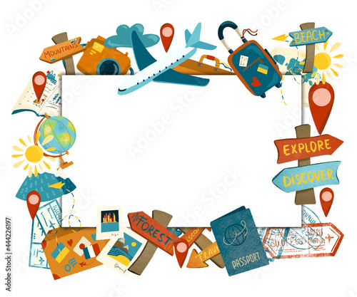 Frame border of travel and tourism elements, hand drawn illustration on white background