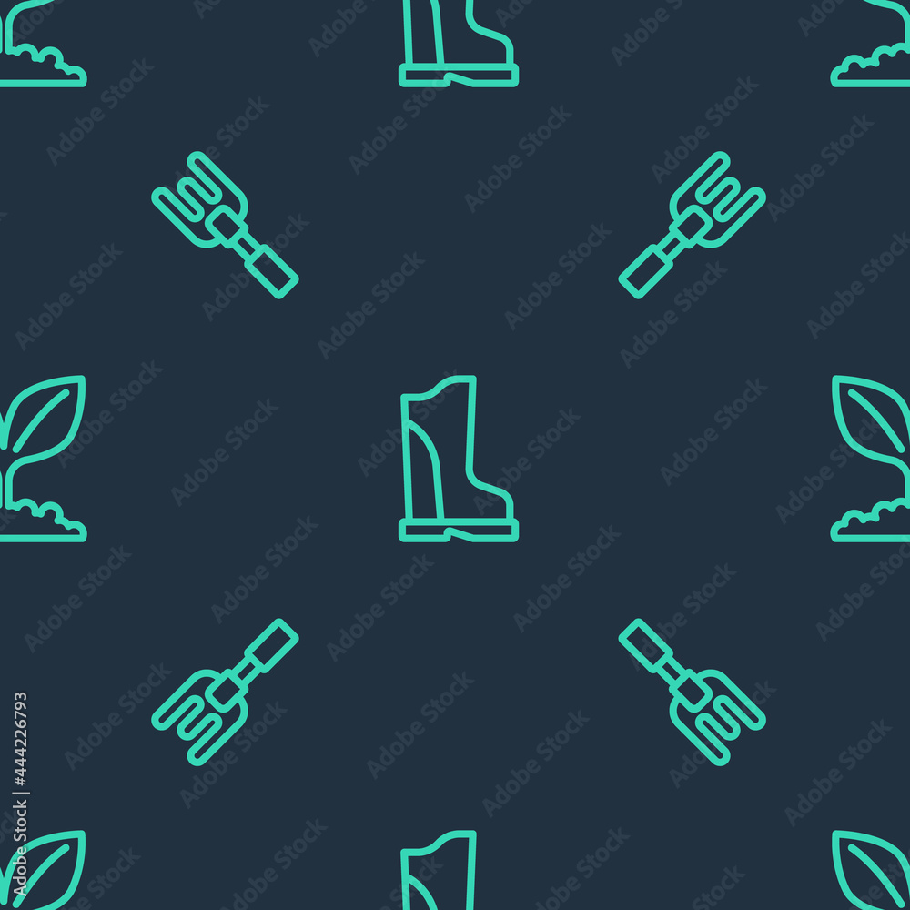 Set line Waterproof rubber boot, Garden rake and Plant on seamless pattern. Vector Set line Waterproof rubber boot, Garden rake and Plant on seamless pattern. Vector