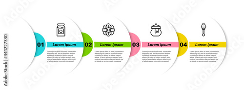 Set line Jar of honey, Flower, and Honey dipper stick. Business infographic template. Vector