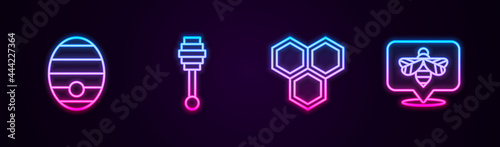 Set line Hive for bees, Honey dipper stick, Honeycomb and Bee. Glowing neon icon. Vector