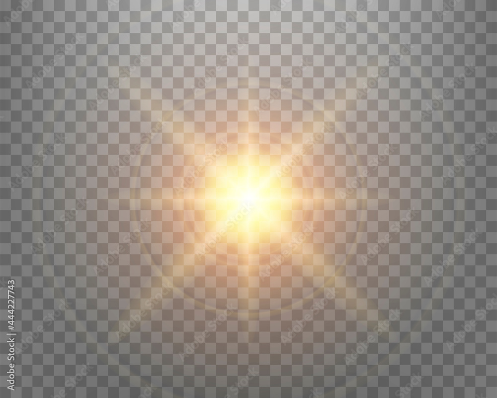 Sunlight lens flare, sun flash with rays and spotlight. Gold glowing burst explosion on a transparent background. Vector illustration.