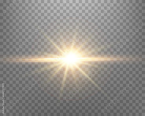 Sunlight lens flare, sun flash with rays and spotlight. Gold glowing burst explosion on a transparent background. Vector illustration.