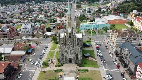 Aerial view of the historic stone church 