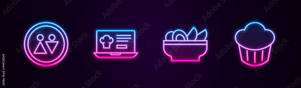 Set line Toilet, Online ordering and delivery, Nachos plate and Cupcake. Glowing neon icon. Vector Set line Toilet, Online ordering and delivery, Nachos plate and Cupcake. Glowing neon icon. Vector