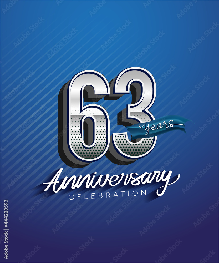 63rd years anniversary celebration logotype with silver color and blue ribbon isolated on blue background