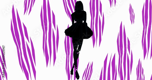 Composition of fashion model in dress silhouetted over purple and white abstract pattern background