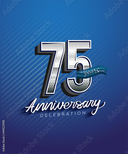 75th years anniversary celebration logotype with silver color and blue ribbon isolated on blue background