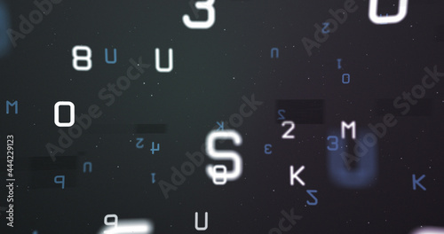 Digital image of random alphabets and numbers moving and changing against black background