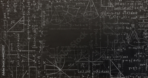 Digital image of mathematical equations and diagrams moving against black background