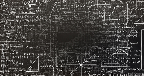Digital image of mathematical equations and diagrams moving against black background