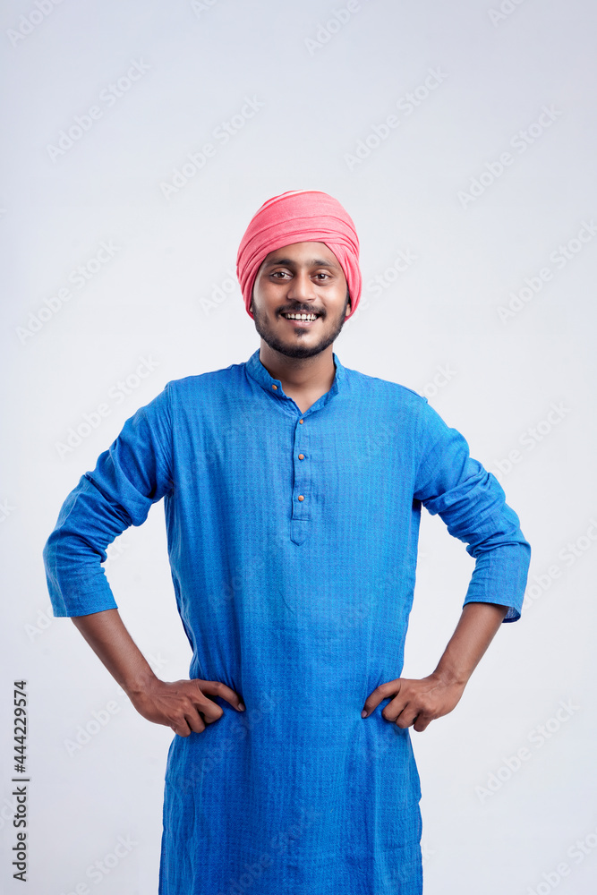 Young indian farmer giving expression on white background