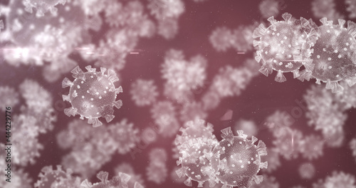 Image of macro coronavirus Covid-19 cells floating on a red background