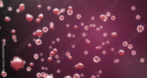 Image of macro Covid-19 cells floating on a purple background