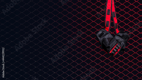 Gloves for MMA hang on nail on a black background.