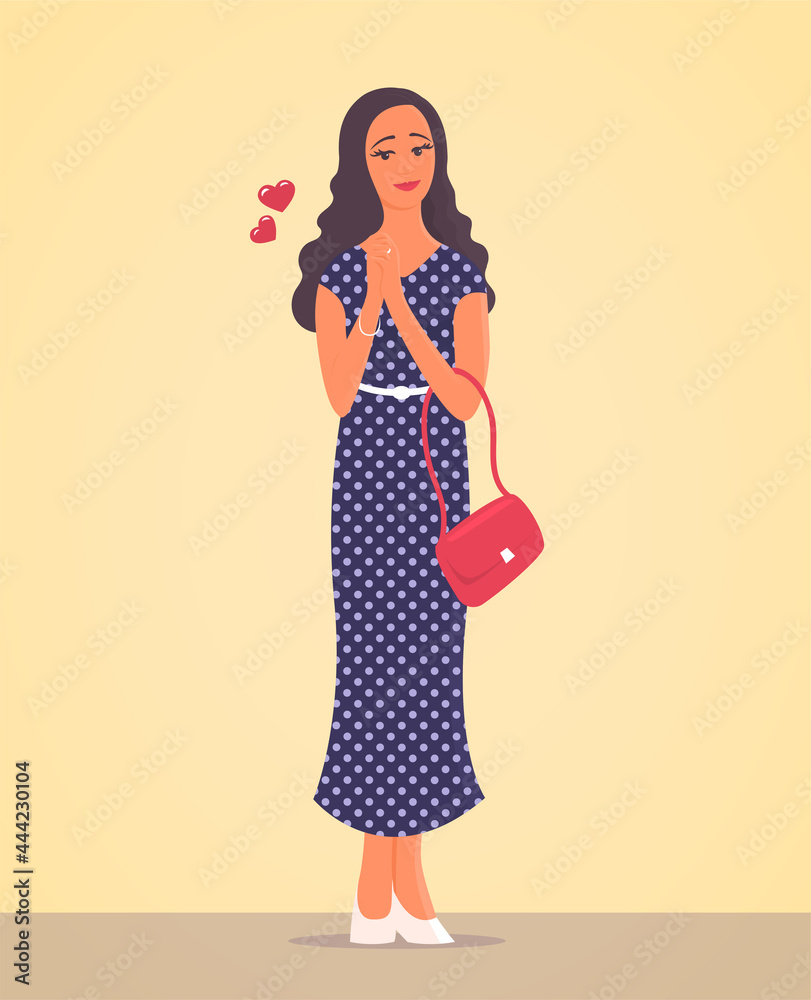 Beautiful girl with a face in love. She is wearing a long summer dress. Handbag in hand. Romantic hearts. Vector cartoon romantic illustration. Beautiful girl with a face in love. She is wearing a long summer dress. Handbag in hand. Romantic hearts. Vector cartoon romantic illustration.