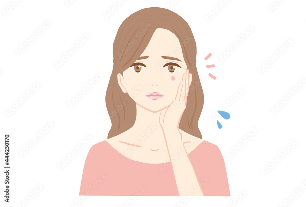 顔にニキビが出来て困っている若い女性のイラスト 顔にニキビが出来て困っている若い女性のイラスト