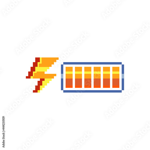 Life bar. Pixel art style. Battery charge. Full health bar. Video game 8-bit sprite. Sign energy. Isolated abstract vector illustration. 