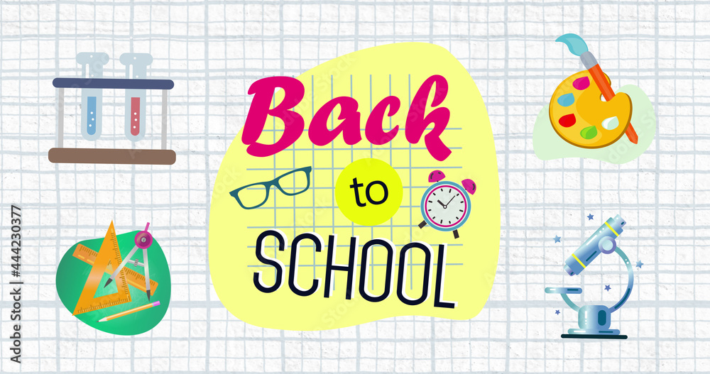 Image of Back to School written in pink and black with several school pictograms 