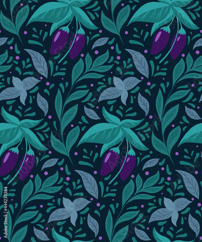 Seamless pattern with eggplants on the bushes, basil twigs and doodle decoration on white background. Vector natural flat texture. Gardening. Wallpaper and fabric with herbs and vegetables
